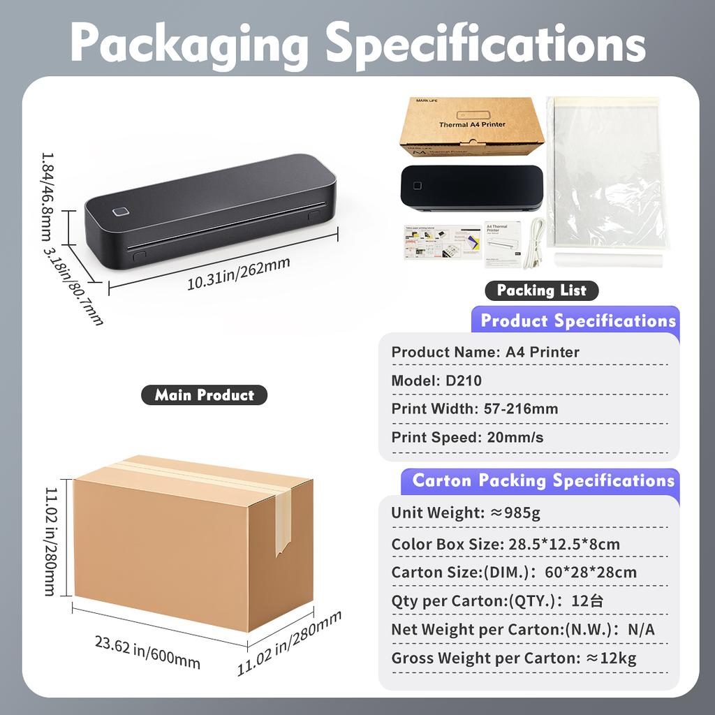 W-Marklife D210 A4 Thermal Printer OEM/ODM Certified 203dpi for Printing Documents Tattoo Paper FCC/RoHS/UKCA Certified