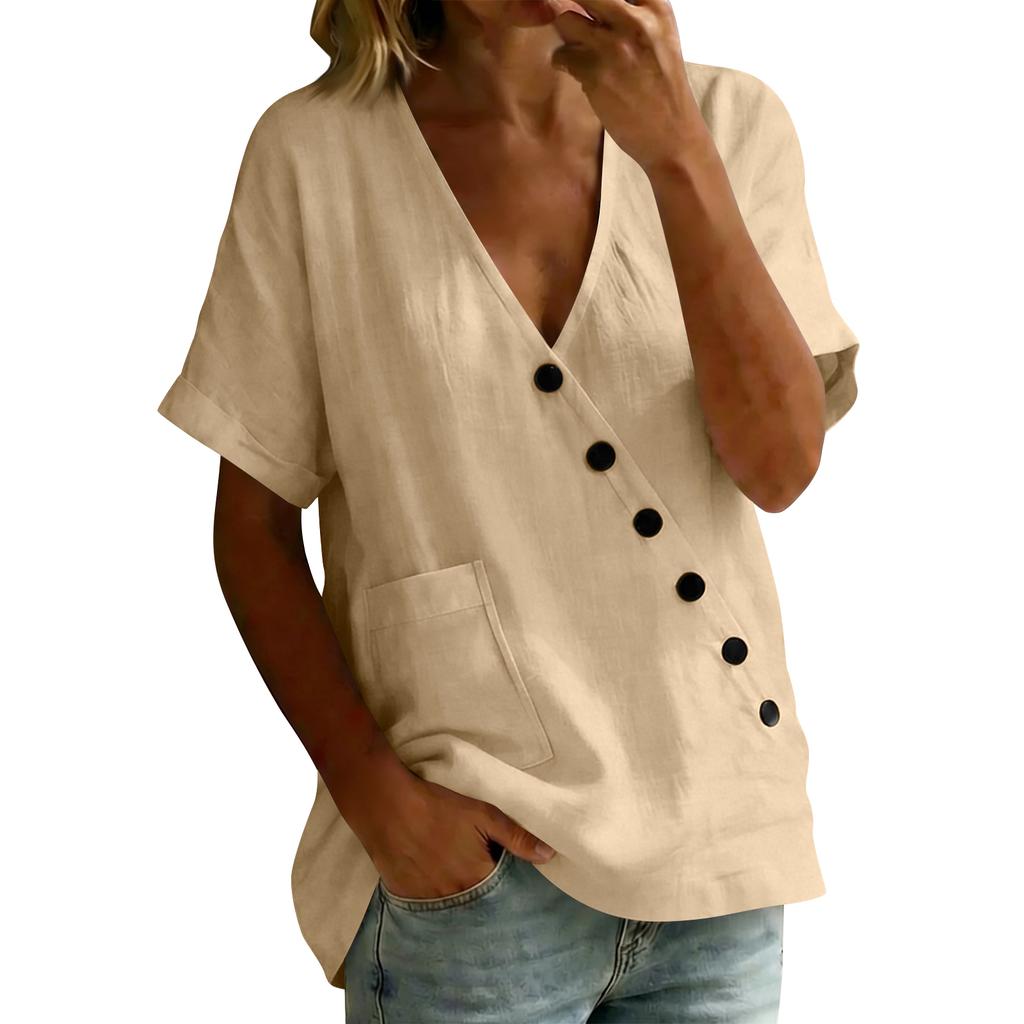 Women's Button-down V-neck Plain-colored Cotton And Linen Blouse