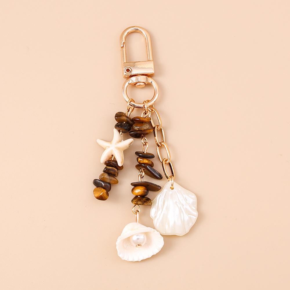 Fashion Summer Beach Starfish Shell Keychain Colorful Stone Key Ring Pendants for Women Girls Handbag Decor DIY Jewelry Gifts