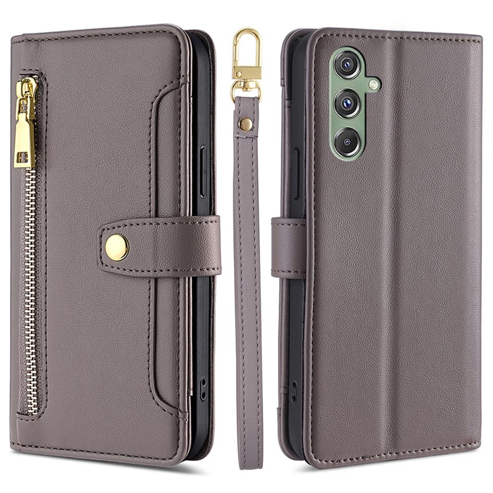 

For Samsung Galaxy M34 5G/F34 5G Case Zipper Wallet Leather Anti-Drop Phone Cover with 2 Straps Grey