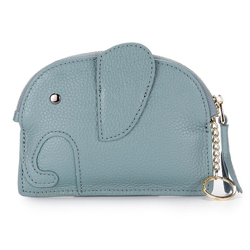 Women's Top Grain Cowhide Mini Coin Purse with Elephant Keychain - Cute, Japanese Style, Real Leather, Super Thin