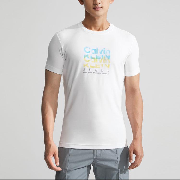 Calvin Klein Colorful Letter Jacquard Casual Round Neck Short Sleeve T-Shirt Men Tops Moonlight-White J323923-YAF