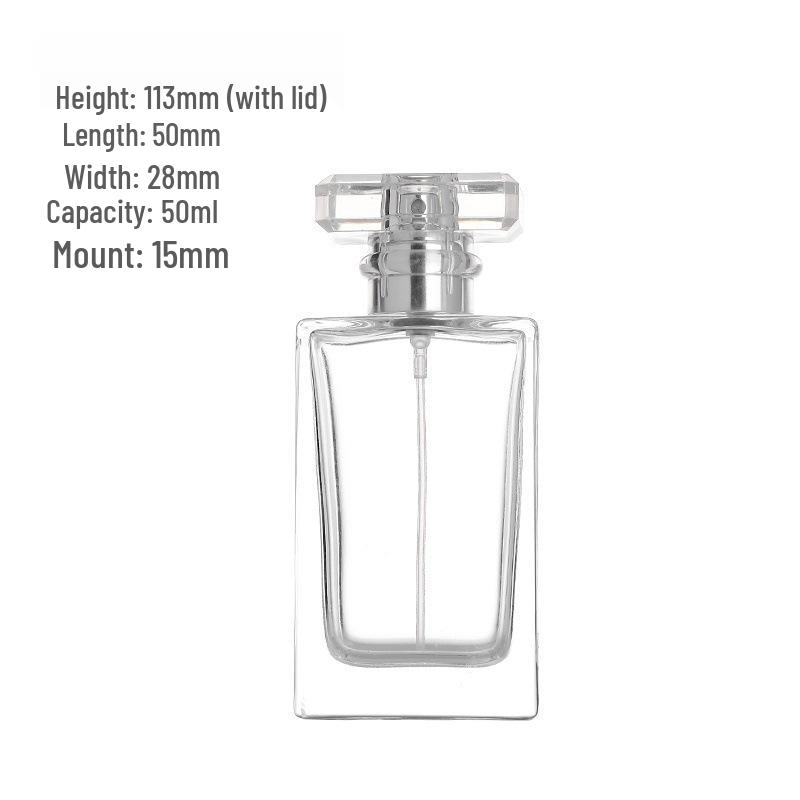 Transparent Glass Perfume Decanter with Press-Type Spray, 50/100ml, Flat Square Bayonet Design