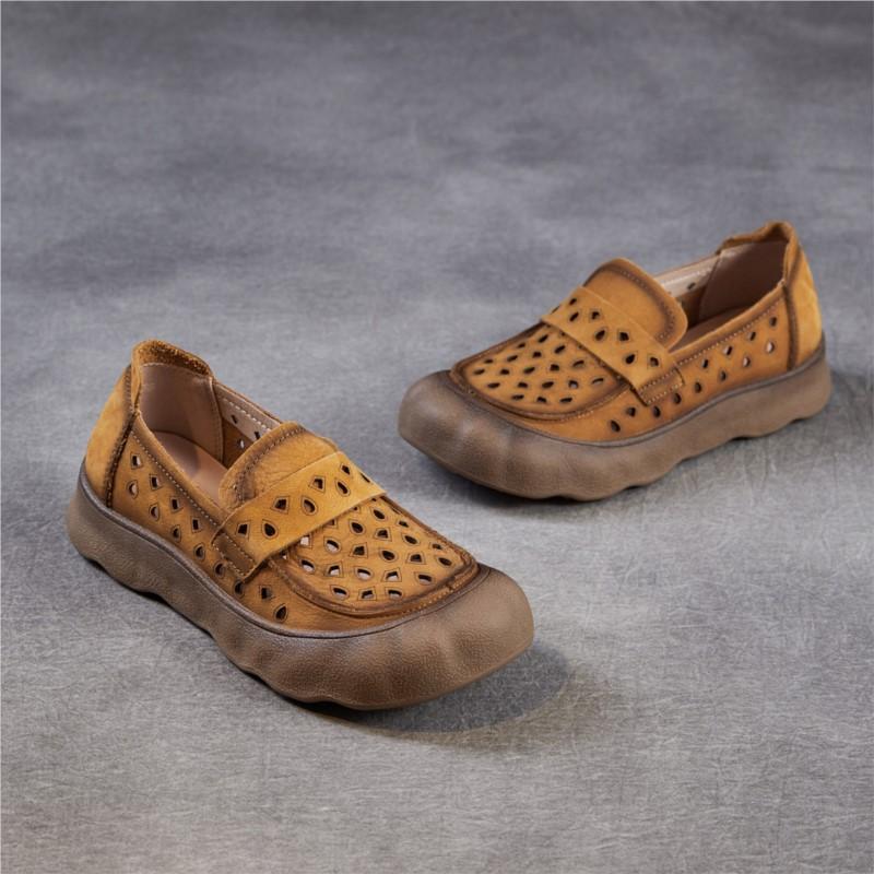 Johnature Soft Soled Slip-on Genuine Leather Loafers Comfortable Hollow-out Breathable Women's Flat Shoes