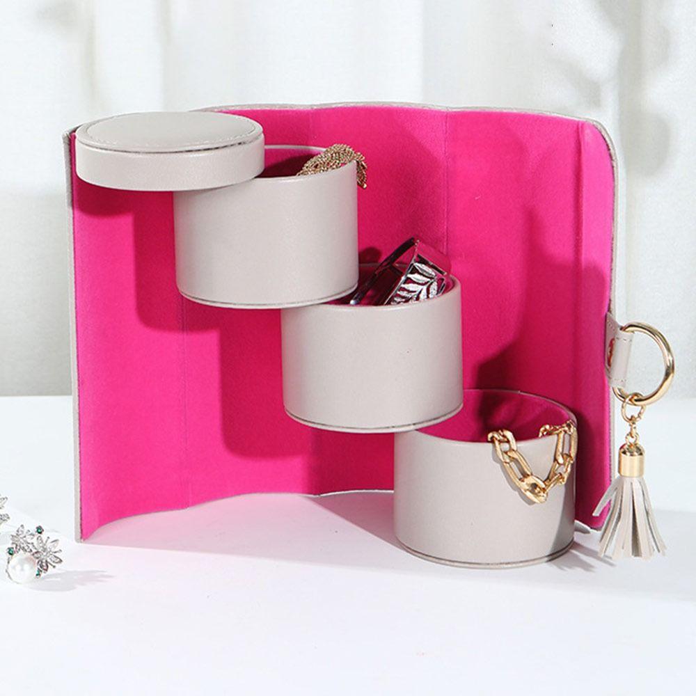 New PU Leather Travel Jewelry Case Multifunctional Portable Small Jewelry Box Three-layer Cylindrical Jewelry Storage Box