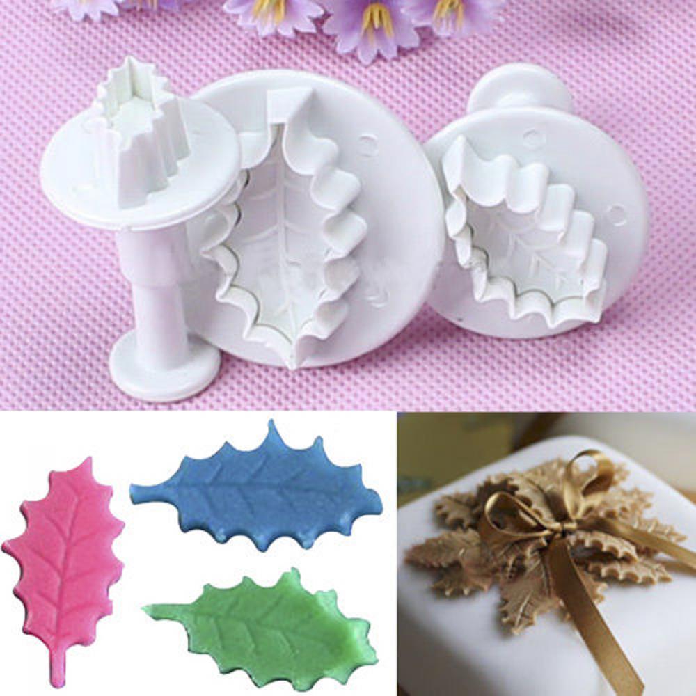 

3pcs DIY Fondant Cake Decorating Sugarcraft Plunger Cutter Holly Leaf Mold Mould