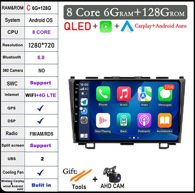 9 Lnch Android 14 For Honda CRV CR-V 3 RE 2006-2012 Car Radio GPS Navigation Multimedia Player Stereo Head Unit QLED Screen