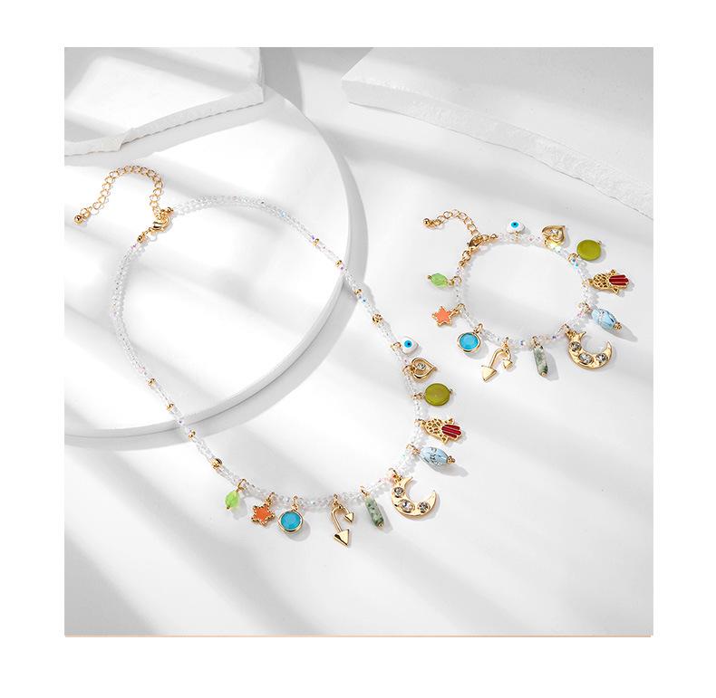 Kenjie Summer Colorful Multi-Pendant Necklace & Bracelet Set: Moon & Star Design for Women.