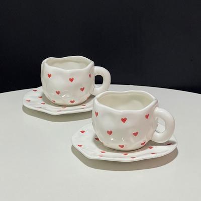 Cute Hand-Squeezed Irregular Painted Little Red Love Coffee Cup And Saucer Underglaze Ceramic Afternoon Tea Cup And Saucer Set