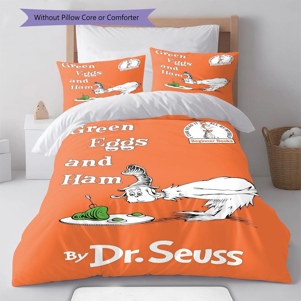 Green Eggs and Ham Pattern Bedding,Quilt Set Quilt Cover Pillowcase Home Birthday Gift (1 * duvet cover + 2 * pillowcase, without core)