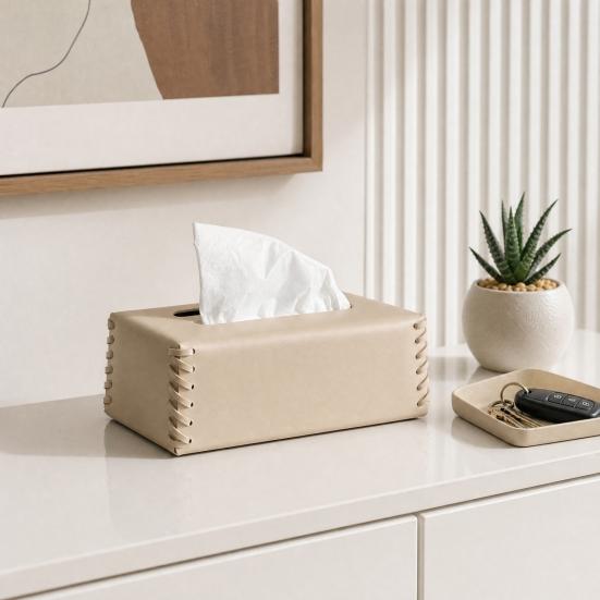 PU Leather Tissue Holder, with Hand-stitched Edges Design, Modern Style Smooth Paper Extraction Tissue Case for Home Office
