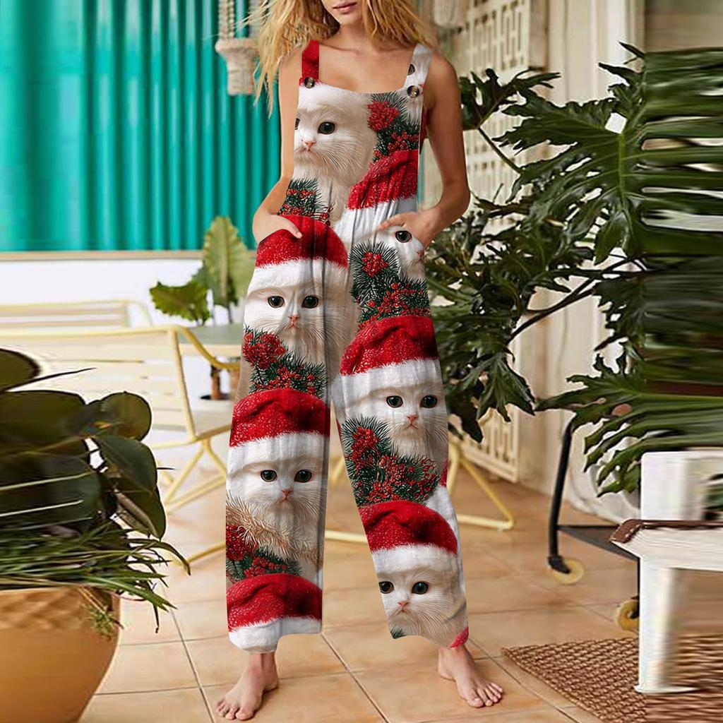 Women's Casual Jumpsuit Sleeveless Christmas Printed Cotton Jumpsuit