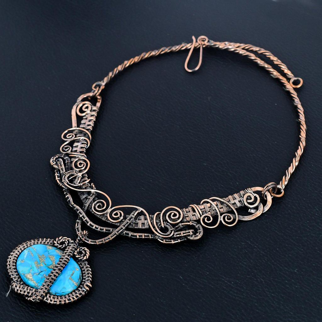 Blue Copper Turquoise Handmade Gemstone Necklace, 999 Copper Wire Wrapped Necklace Antique Jewelry, For Engagement Gift