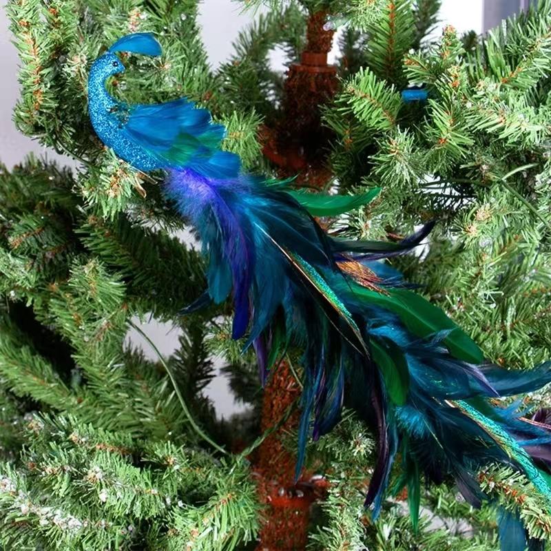 Christmas Tree Decortion Artificial Peafowl Ornaments Sculpture with Clip Bird Figurine Peacock Long Tail Realistic Crafts Decor
