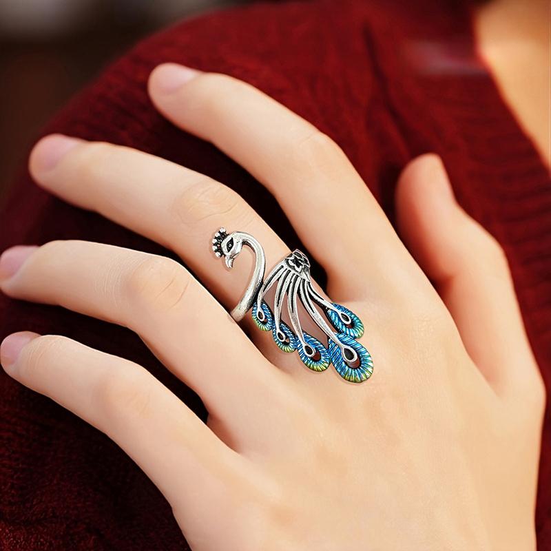 Vintage Enamel Peacock Rings for Women Retro Ethnic Blue/Green Feather Finger Ring Anti Silver Color Animal Jewelry Gift