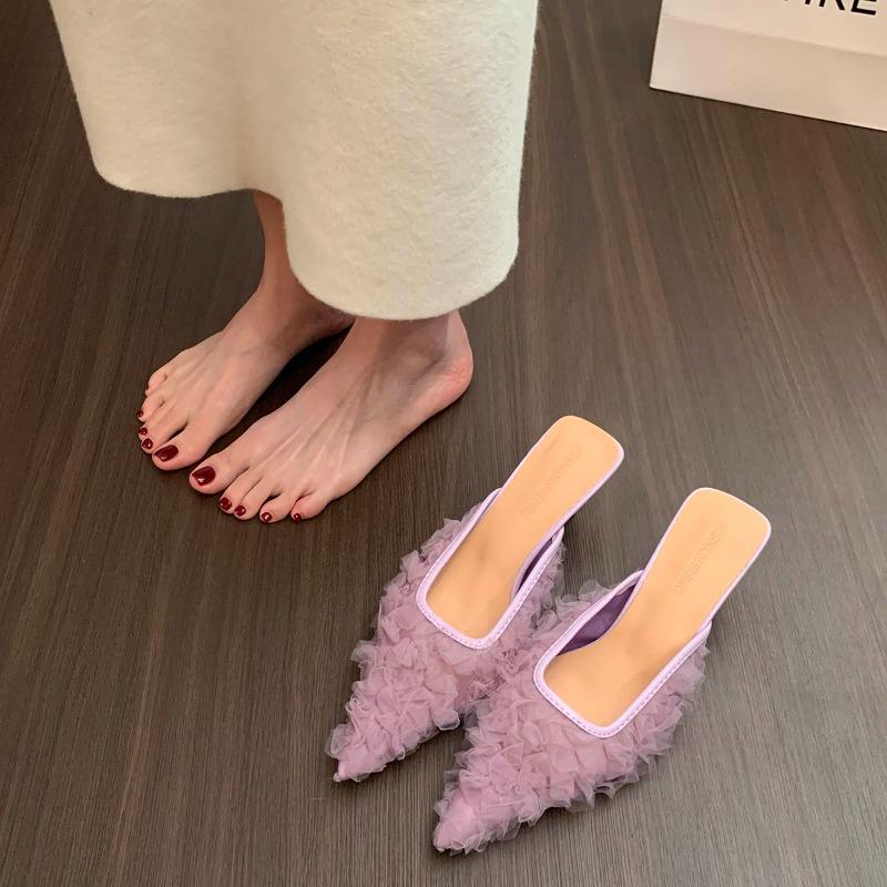 Fashion Summer New Fashion Versatile High Heel Slippers Pointed Toe Netting Decorated Dresses Sandals Women Casual Elegant Ladies Shoes