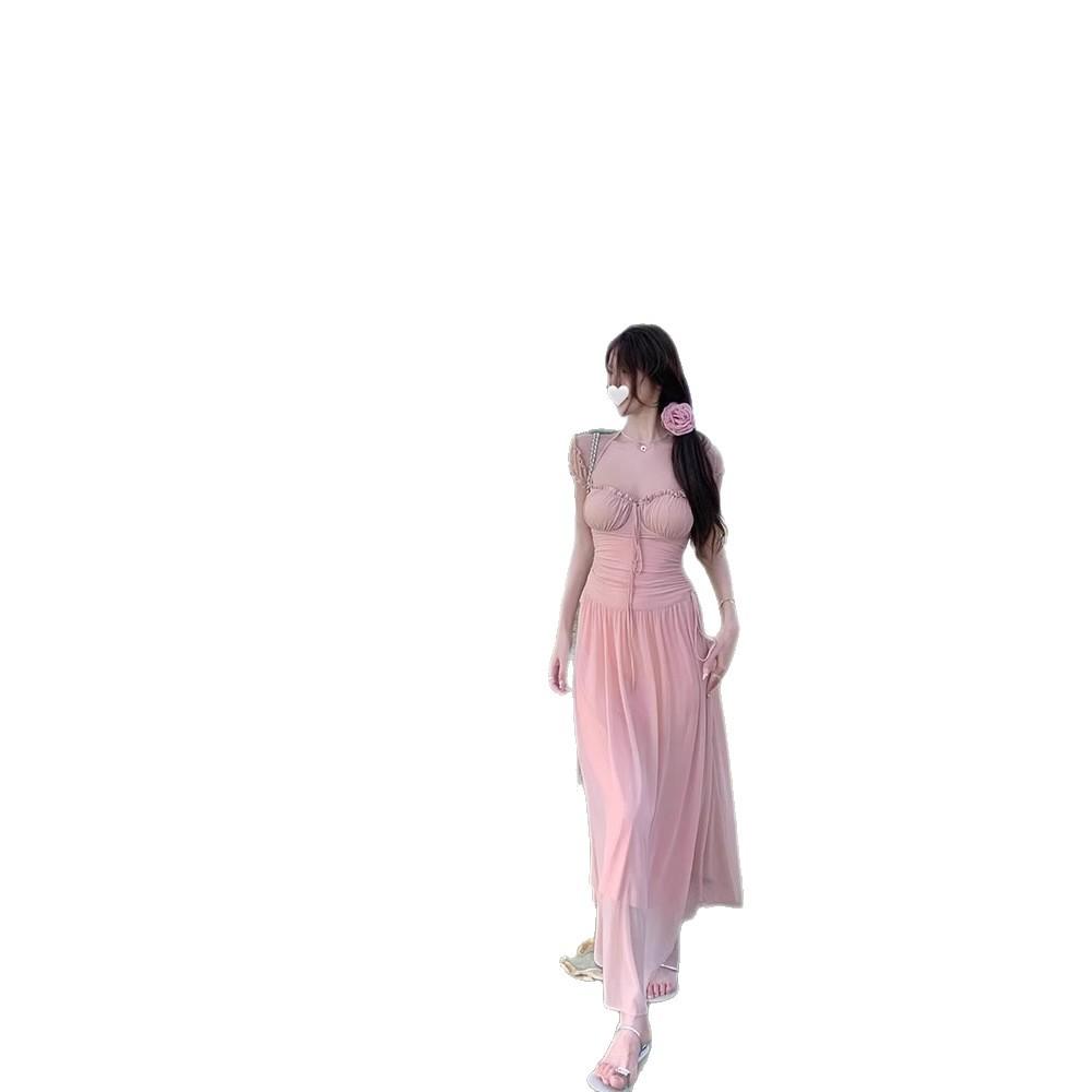 French seaside vacation style temperament waist long dress mesh design sense thin gentle square neck mint dress