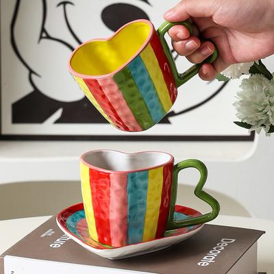Creative Ceramic Mugs Striped Rainbow Couple Ceramic Heart-shaped Cups Coffee Cup Afternoon Tea Accessories Drinking Utensils