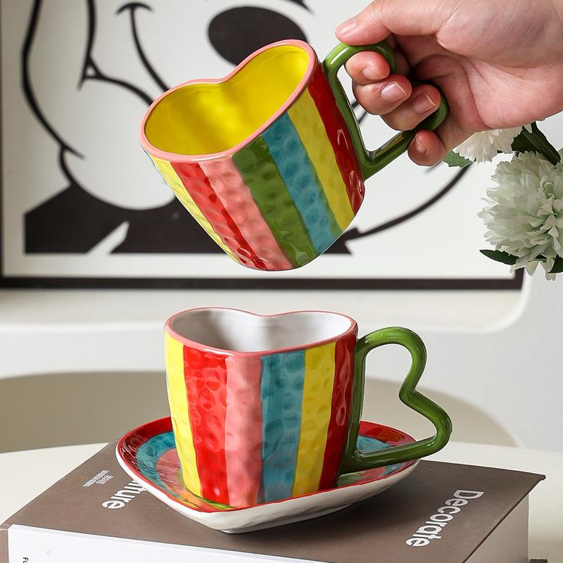 Creative Ceramic Mugs Striped Rainbow Couple Ceramic Heart-shaped Cups Coffee Cup Afternoon Tea Accessories Drinking Utensils