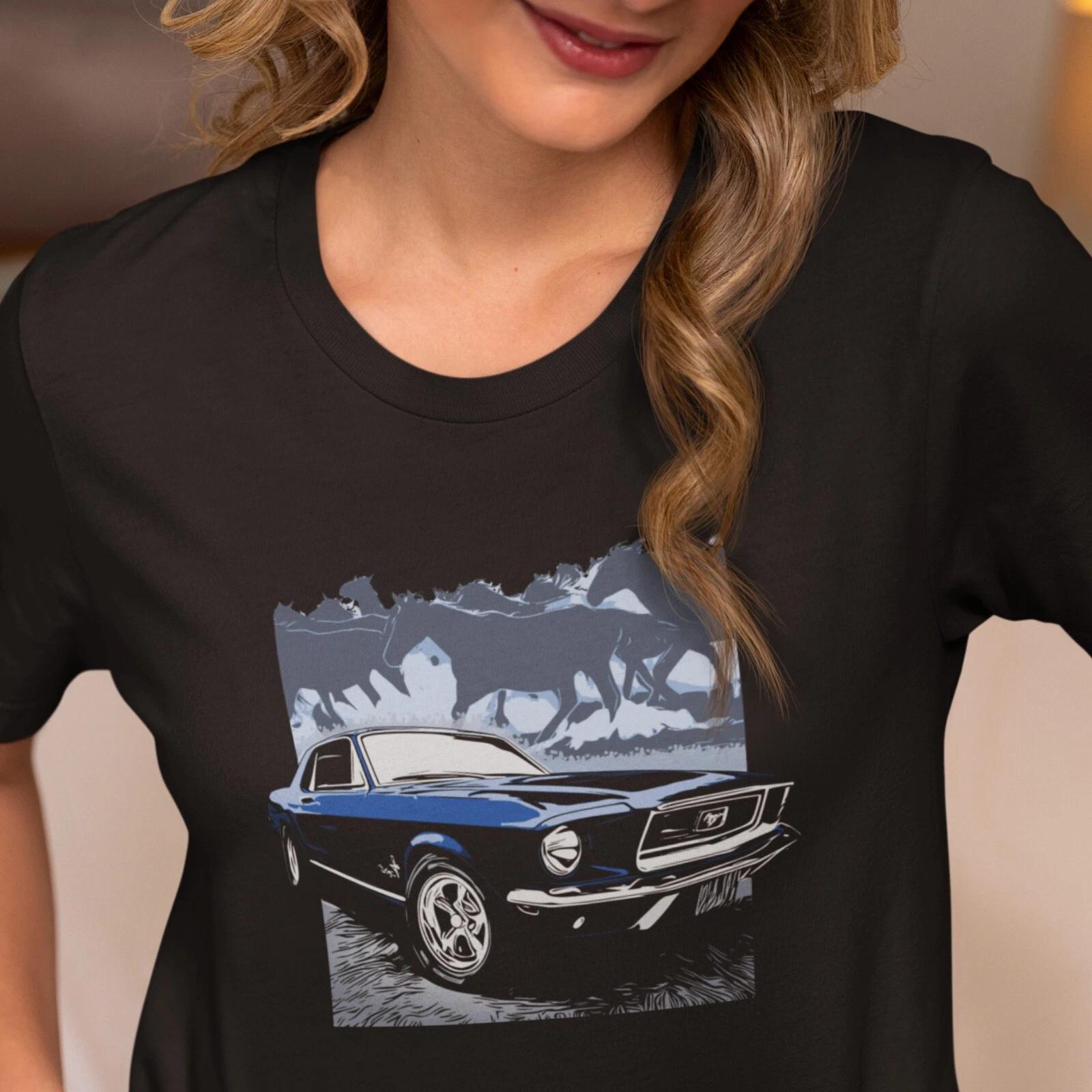 68 Mustang Unisex Black Jersey Tee, Dark Blue 1968 Ford Mustang with Horses 3XL