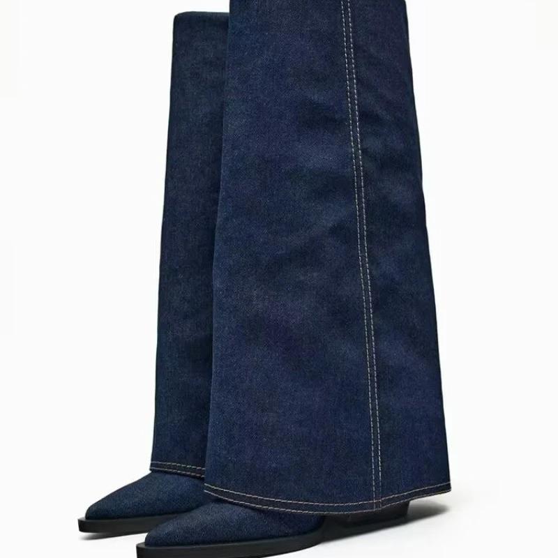 2025 New Fashion Women Knee High Boots Cowboy Chunky High Heels Western Woman Winter Denim Cowgirl Long Shoes Size 35-42
