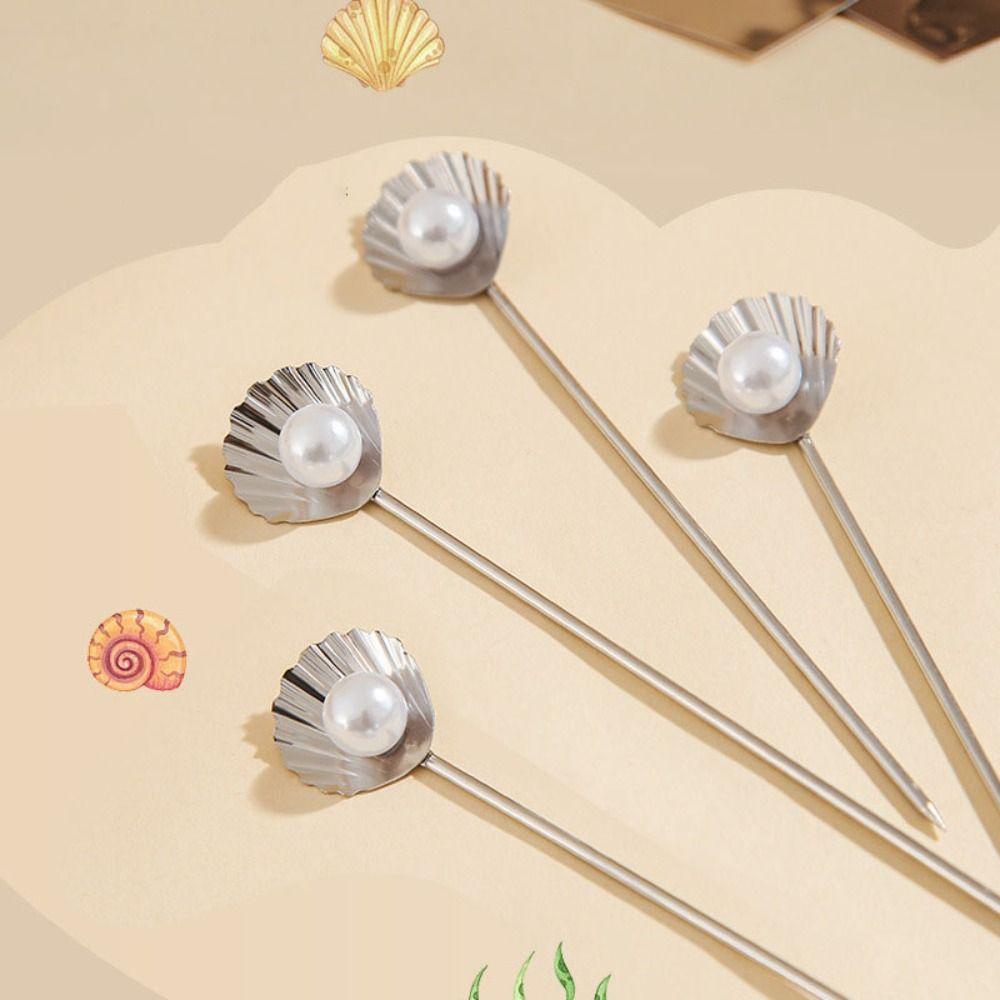 4Pcs Multifunctional Shell Pearl Design Fruit Stick 304 Stainless Steel Reusable Cocktail Pick Rust-proof Wine Needle Party