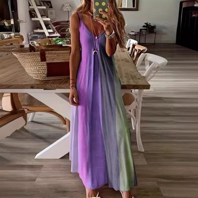 Women's Spaghetti Strap Gradient Long Dresses Summer Casual V Neck Flowy Maxi Dress Loose Beach Sundress