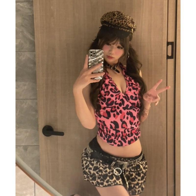 Top American Retro Stampa Leopardo Scollo a Scollo Americano Canotta Vestibilità Aderente Senza Maniche Schiena con Laccetti Top Canotta Donna Estetica Y2K Stile di Strada