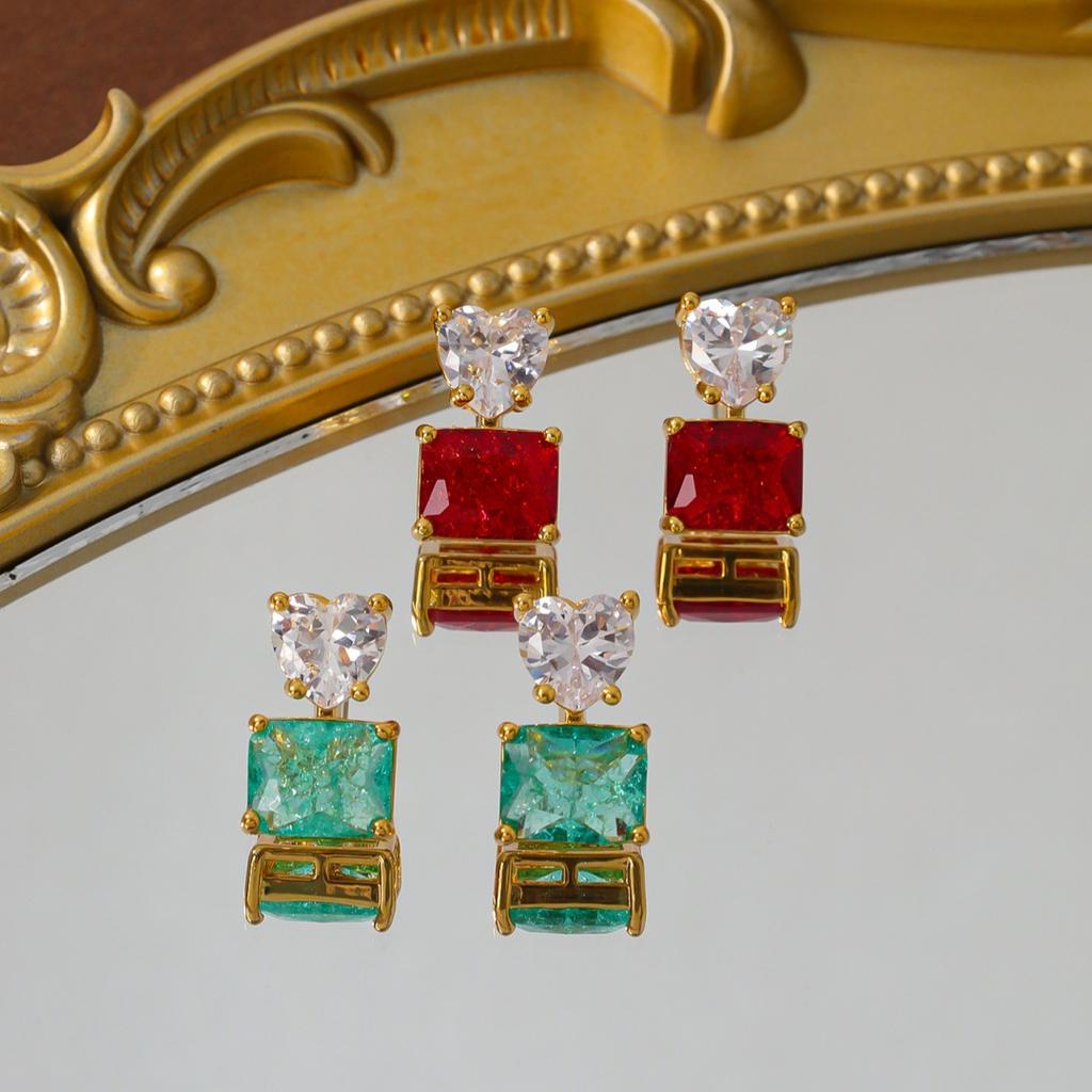 Leichter Luxus Liebe Diamant Rot und Grün Edelstein Ohrringe, Warme Winter Retro Temperament Ohrringe, Modische und Beliebte Diamantbesetzte Ohrringe.