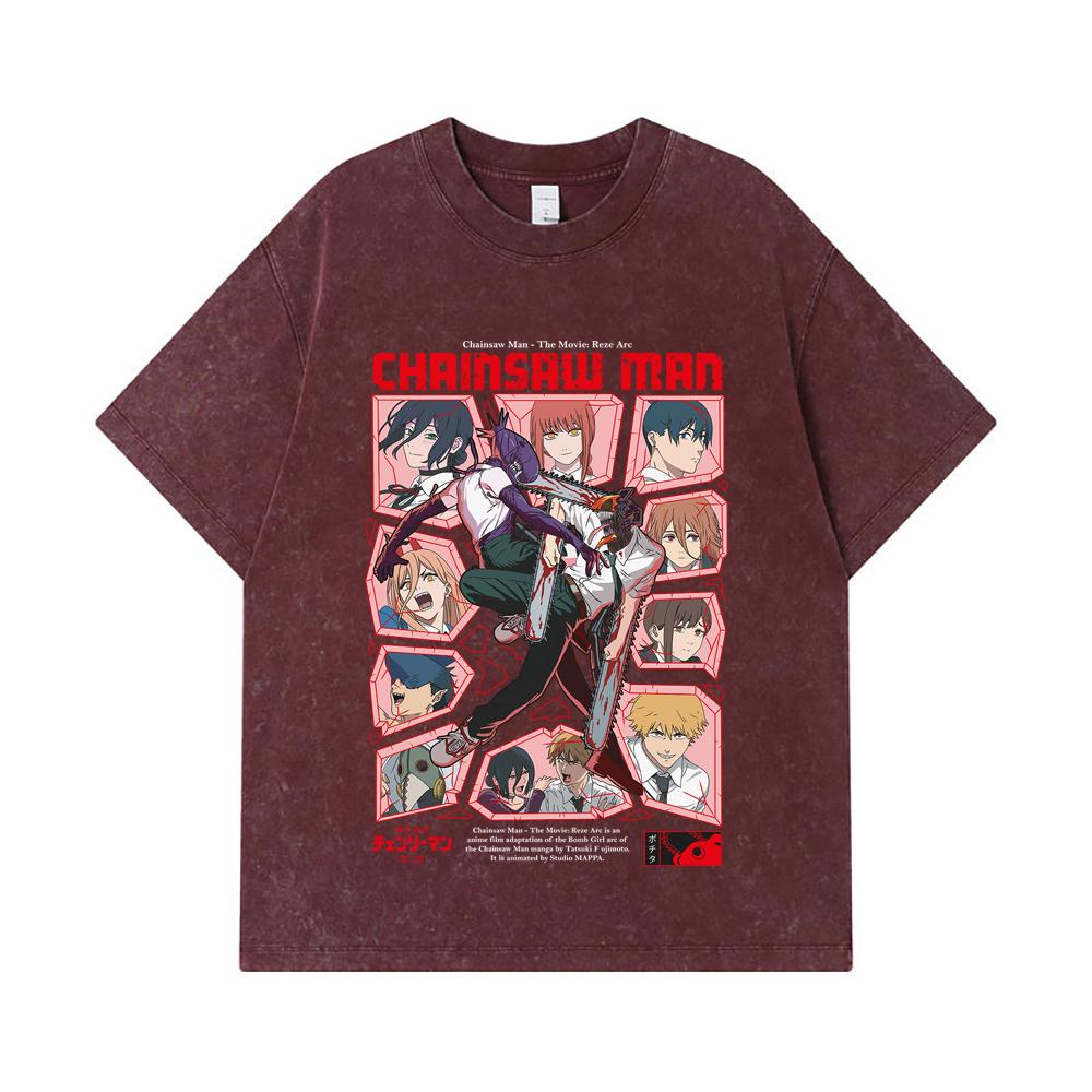 275 GSM Washed T-shirts 100% Cotton Chainsaw Man V18 Reze Arc Print Unisex Heavy Cotton T Shirt