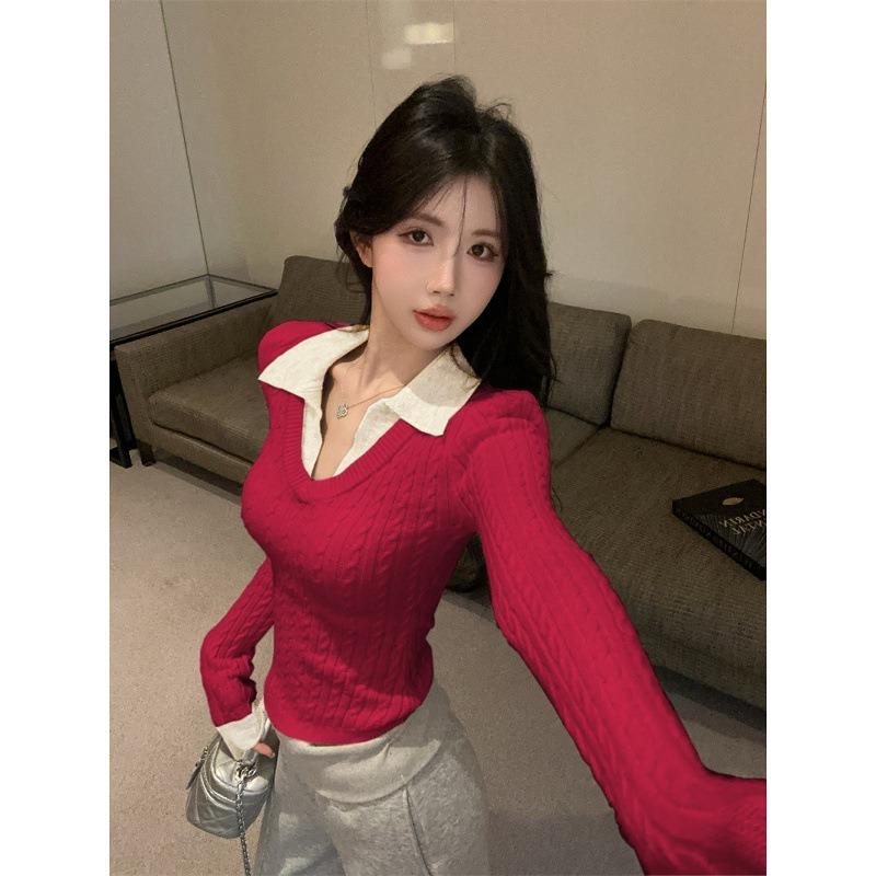 Contrast Color Fake Two-piece Stitching V-neck Sweater Women's Winter Sweater Design Bottoming Top