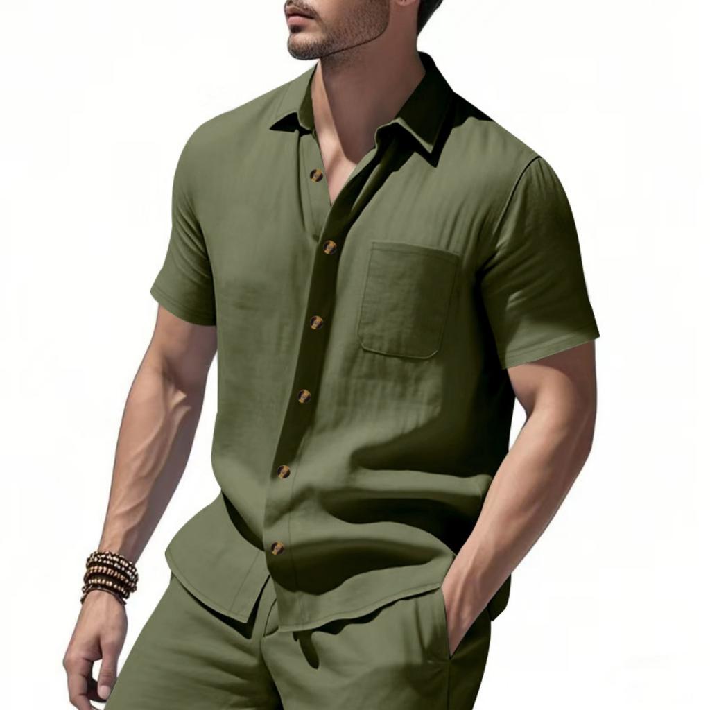 Men's Casual Business Short-Sleeve Shirt - Plus Size Collared Solid Color Pocket Button-Down Shirt