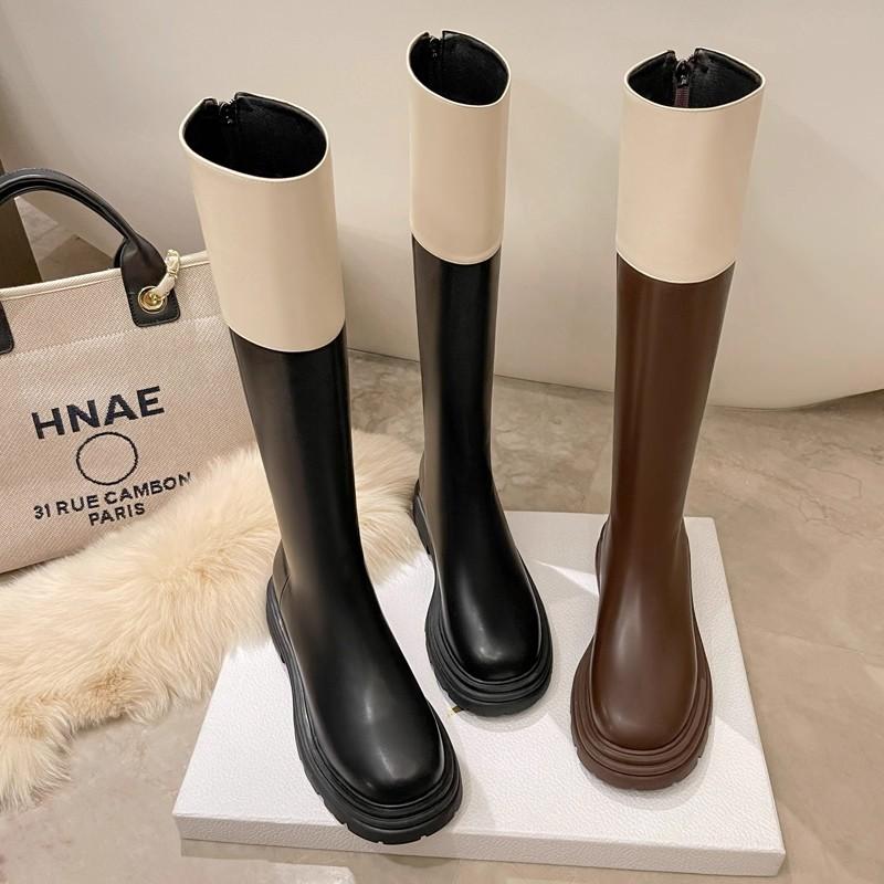 Women's Shoe Splicing Boots, New Xiaoxiangfeng High Boots In Autumn and Winter 2025, Color Matching Thick-soled Rear Zipper Knight Boots