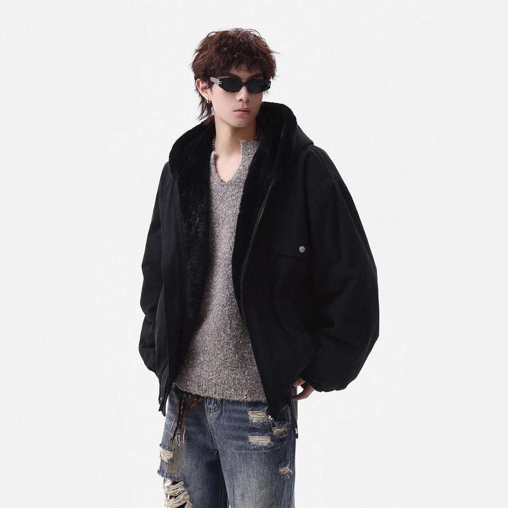 Zuoshan Diao Men's Hooded Cotton Jacket: Winter Velvet, Thick, Loose Fit, Youthful Trendy American Workwear Style.