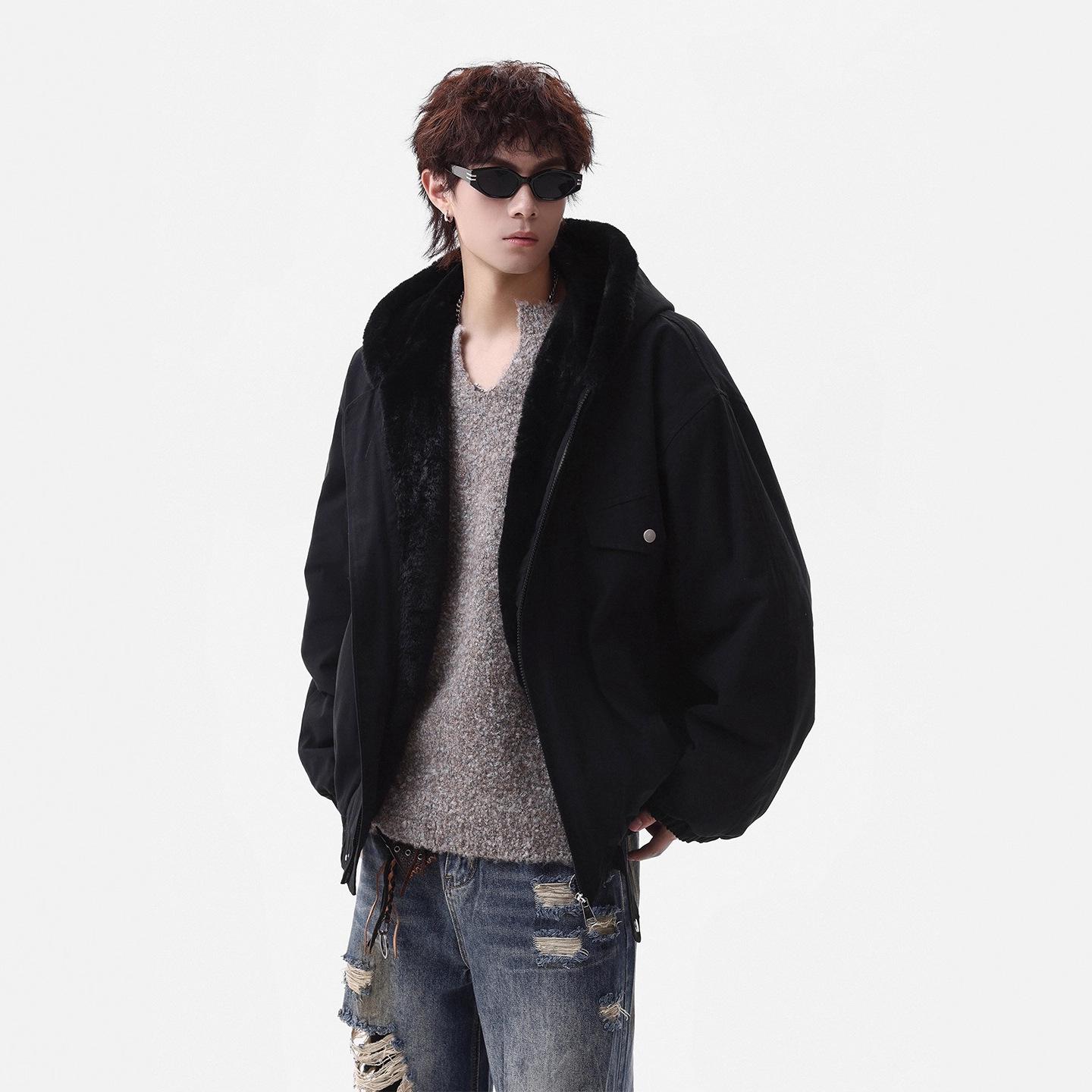 

Zuoshan Diao Men s Hooded Cotton Jacket: Winter Velvet, Thick, Loose Fit, Youthful Trendy American Workwear Style. Large чорний