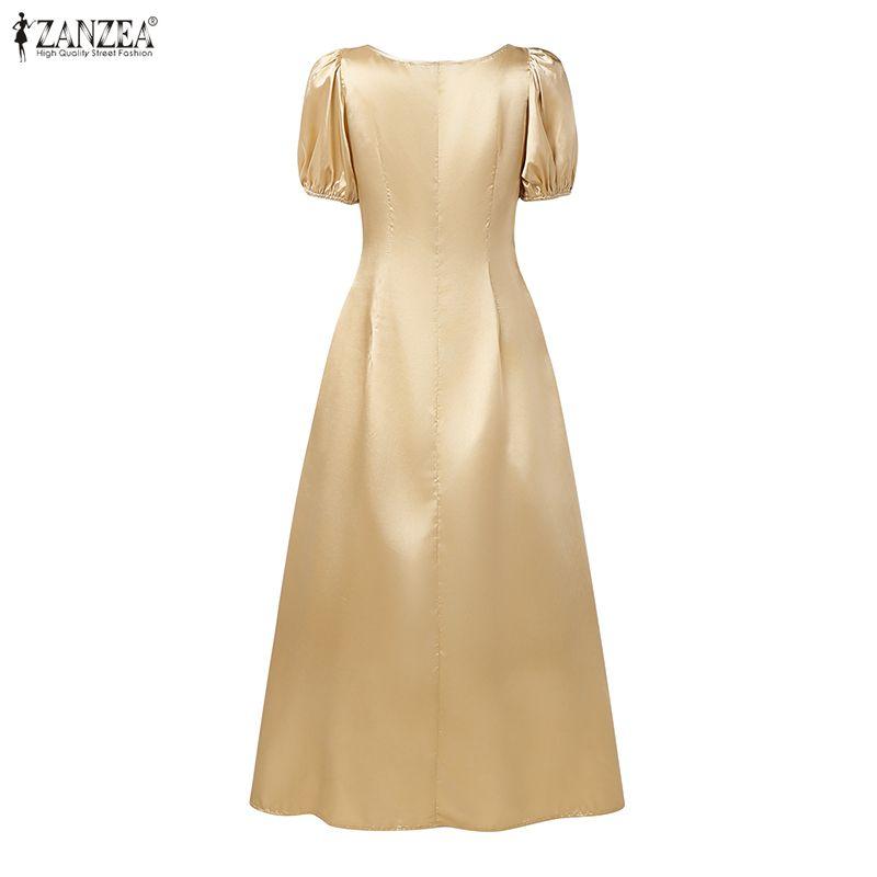 ZANZEA Women Casual Square Collar Summer Short Sleeve Party Long Dress