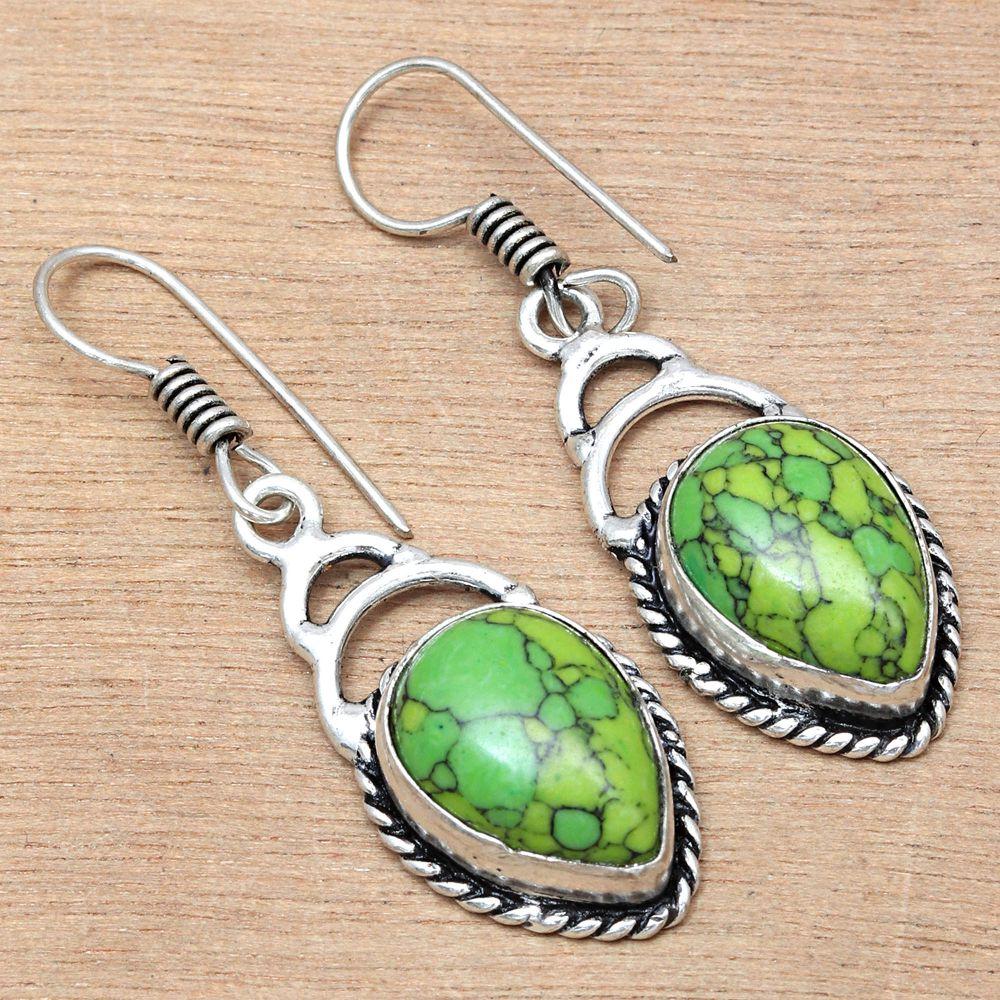 Green Turquoise Gemstone Handmade Gift For Her Silver Jewelry Earrings 1.5"