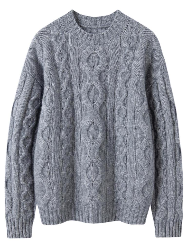 Women's Round Neck Cable Knit Cashmere Sweater - 2026 Autumn/Winter, Gentle Style, Solid Color, Thick and Warm Base Layer.