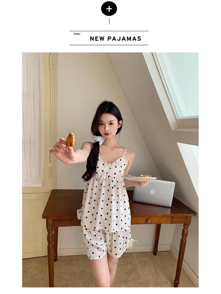 Ice Silk Ribbon Padded Bra & Short Sleeve Pajama Set for Women - Summer Camisole & Casual Home Wear