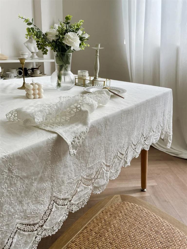 Embroidery Lace 100% Cotton White Flower Tablecloth For Home Wedding Party Decoration Table Cloth Luxurious Table Cover