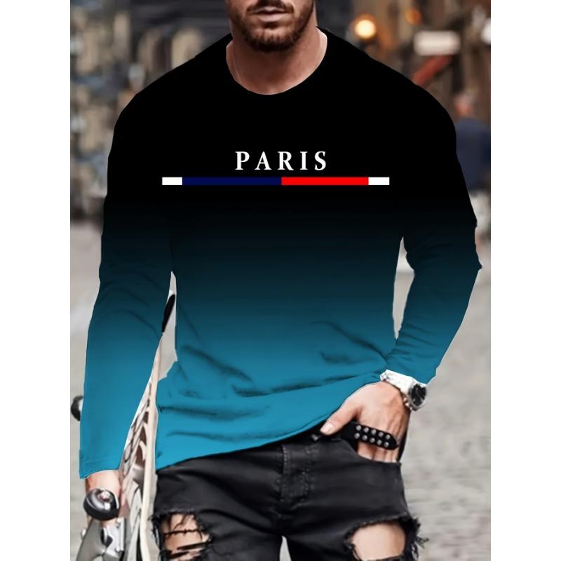Men Gradient Paris Graphic Print T-shirt, Casual Long-sleeved Round Neck T-shirt, Men's Outdoor Clothing Spring And Autumn Wear