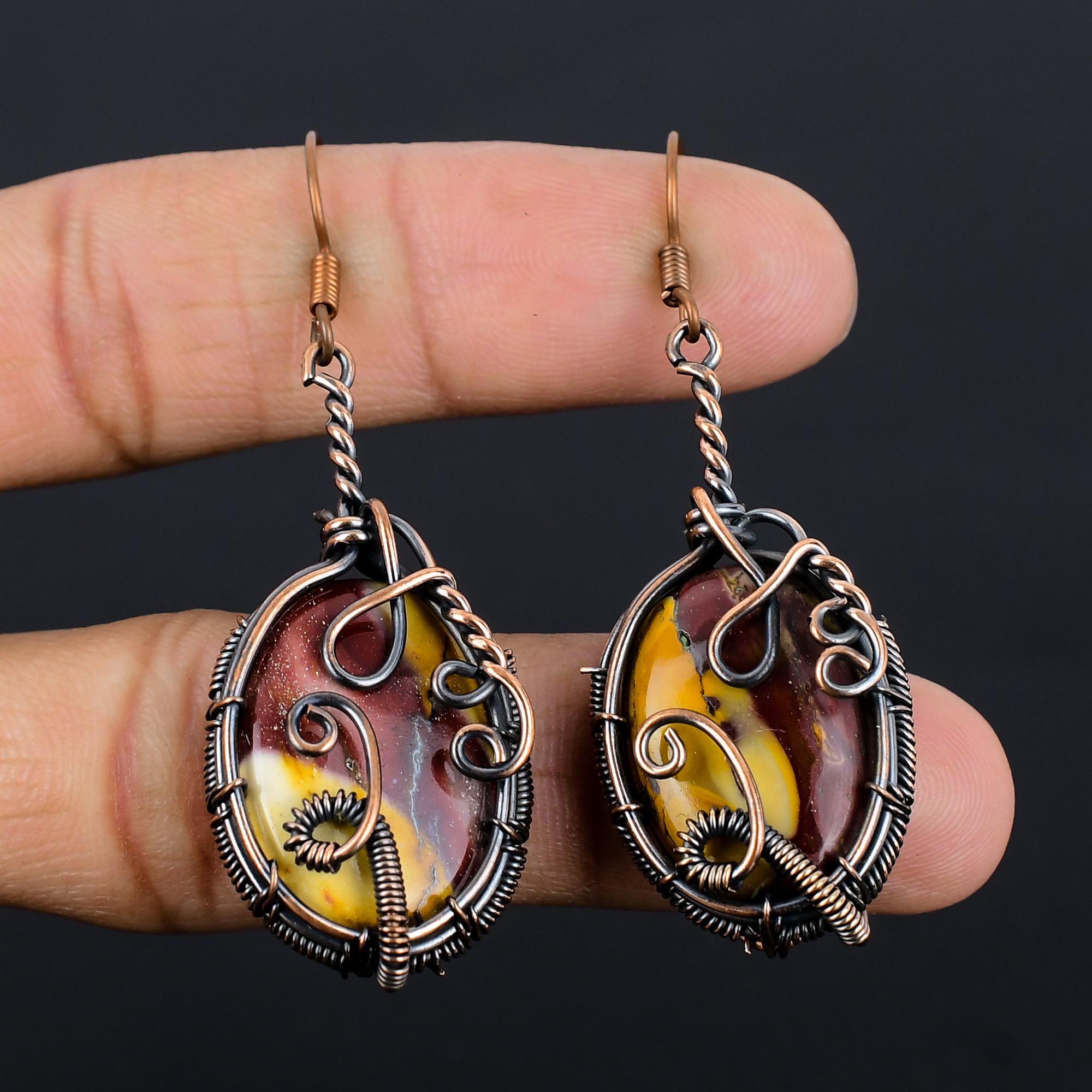 

Серьги из мокаита, ювелирные изделия из драгоценных камней, серьги, обмотанные медной проволокой 999 пробы, красивые серьги ручной работы 2.55 Inches