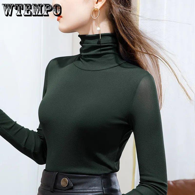 WTEMPO Korean High Neck Stretchy Mesh Bottoming Shirts Women's Spring and Autumn Simple Solid Long Sleeve Slim T-Shirts