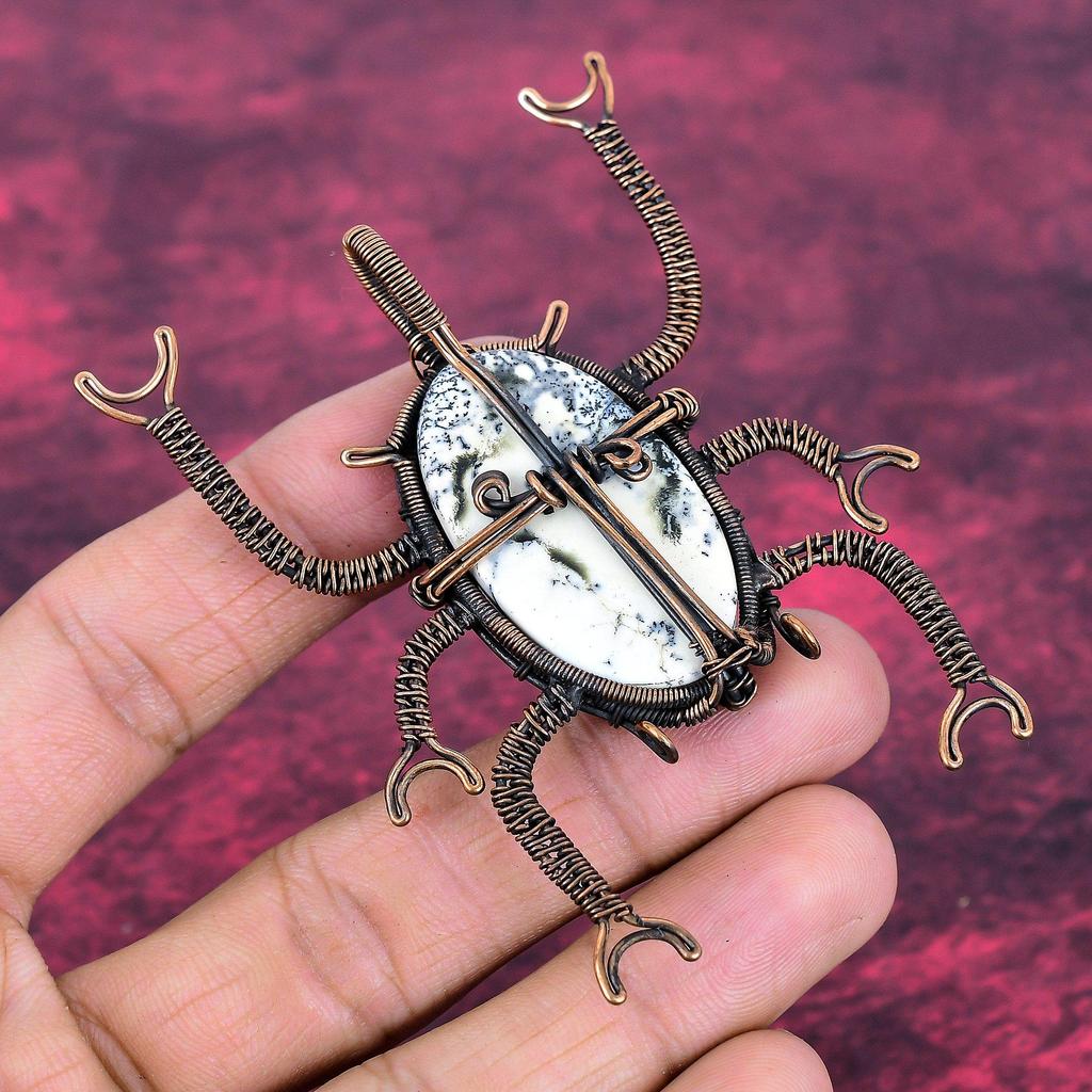Dendrite Opal Gemstone Pendant Unique Beetle Pendant Copper Wire Wrapped Jewelry