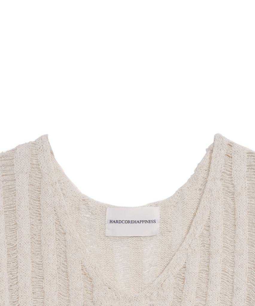 HARDCORE HAPPINESS Damaged Slit V-Neck Knit Top_Ivory