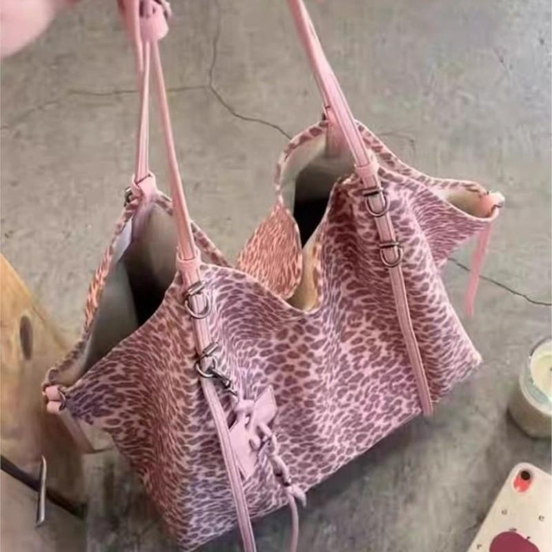 Hot Girl Retro Pink Leopard Tote Bag Women Large Capacity Hobos Handheld Shoulder Bag Ladies Fashion Commute Daily Underarm Bags