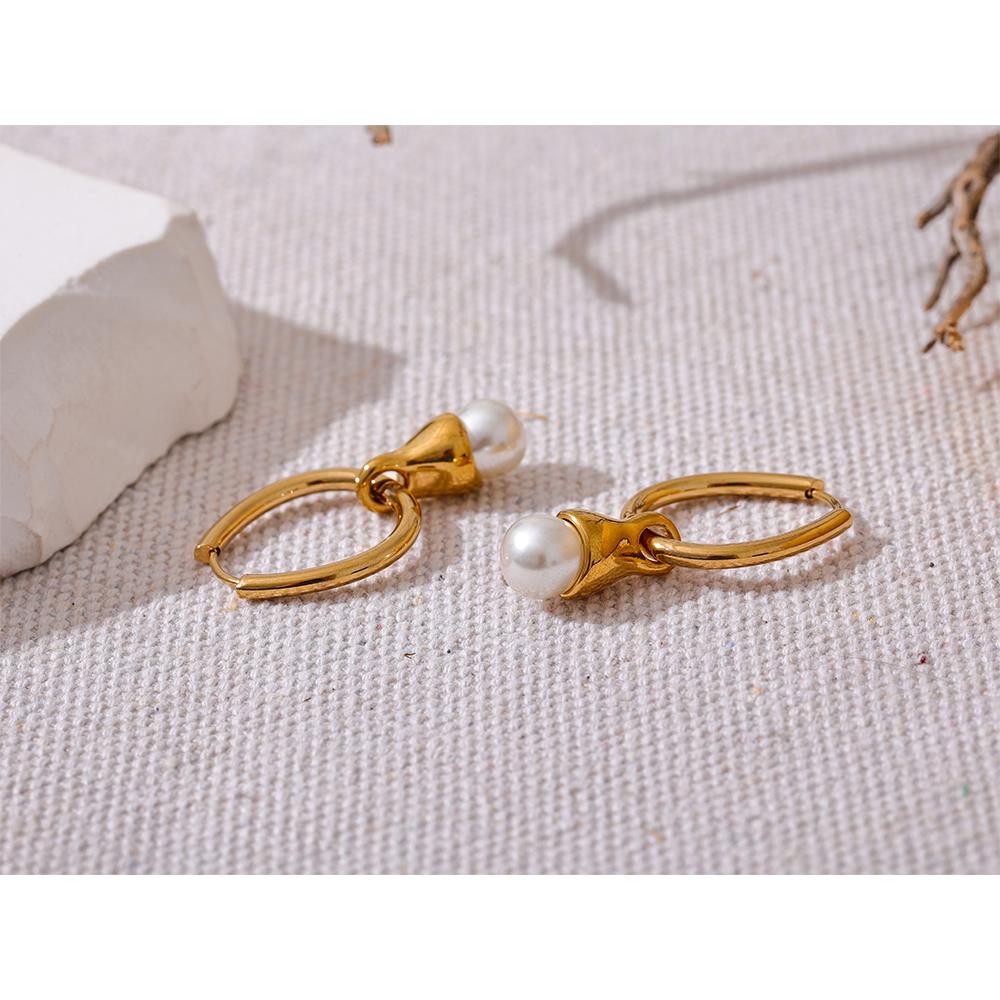 Yhpup Removable Stainless Steel Geometric Imitation Pearls Drop Hoop Earrings Gold Color Fashion Elegant Daily Jewelry for Women