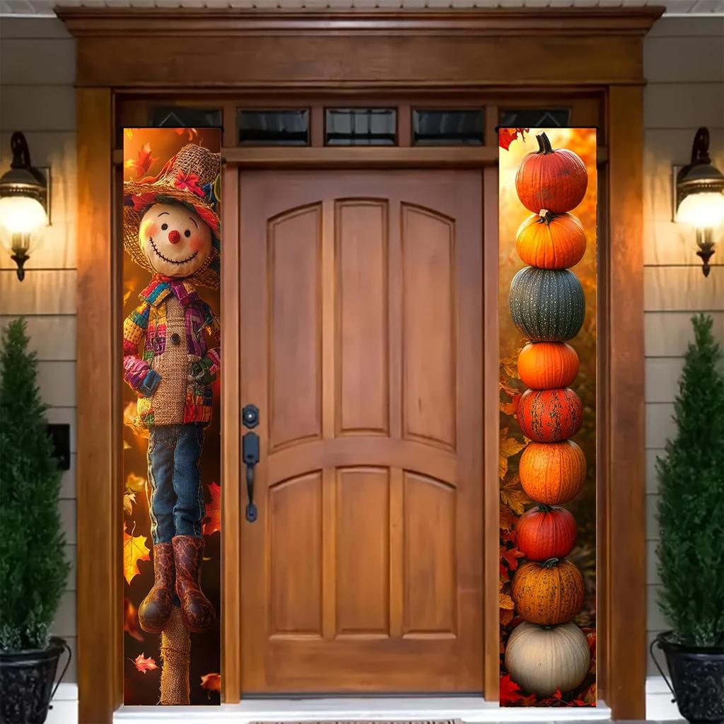 Thankgiving Vertical Door Banners 12x71 Inch Scarecrow Pumpkin Stack Front Door Decor Fall Harvest Hanging Porch Sign Outdoor Seasonal Backdrop Photo