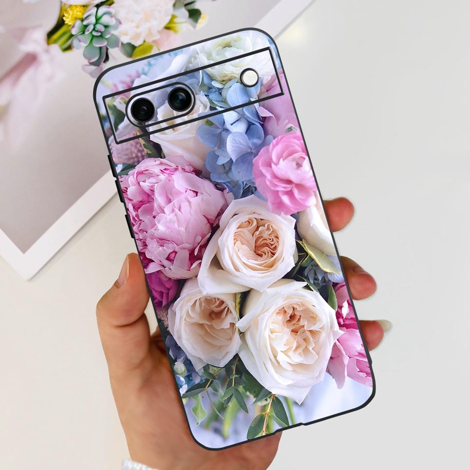 Black Matte Silicone Back Cover For Google Pixel 8A Painting Case Cartoon Lovely Cat Butterfly Flower Bumper Google 8A Soft Etui