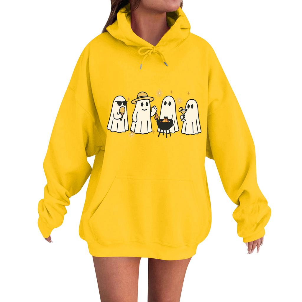 Women's Casual Fashion Comfortable Round Neck With Hood Long Sleeve Halloween Print Warm Sweatshirt
